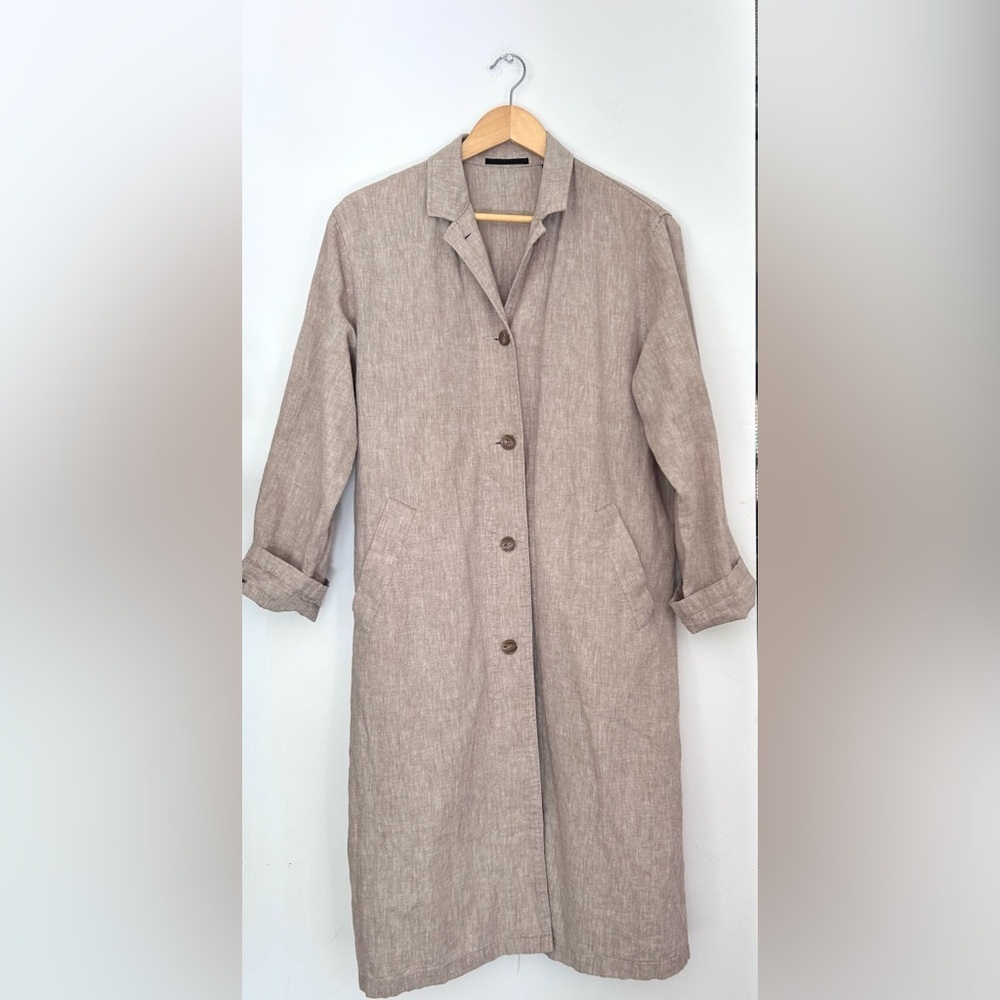 Uniqlo Linen blend Long dress Coat Beige Minimalist Coat - Picture 4 of 8